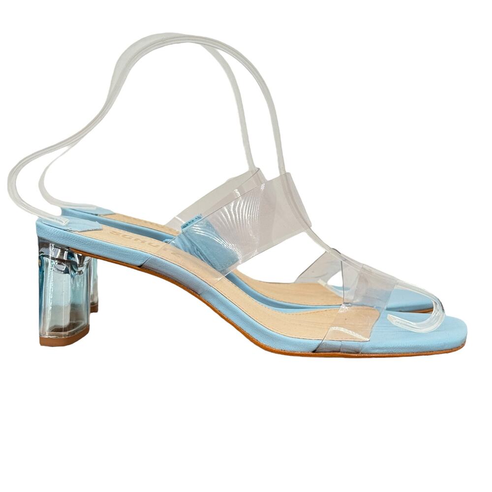 Schutz‎ Ariella Transparent Heel Sandal Leather Women's 7.5 Blue Clear Chic Luxe